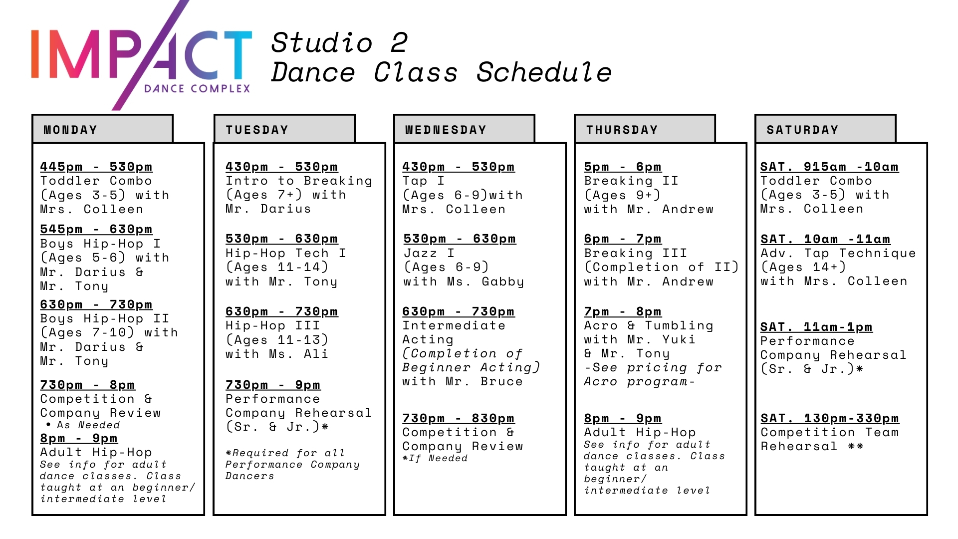 Impact Dance Complex Doylestown Bucks County Pennsylvania dance class schedule