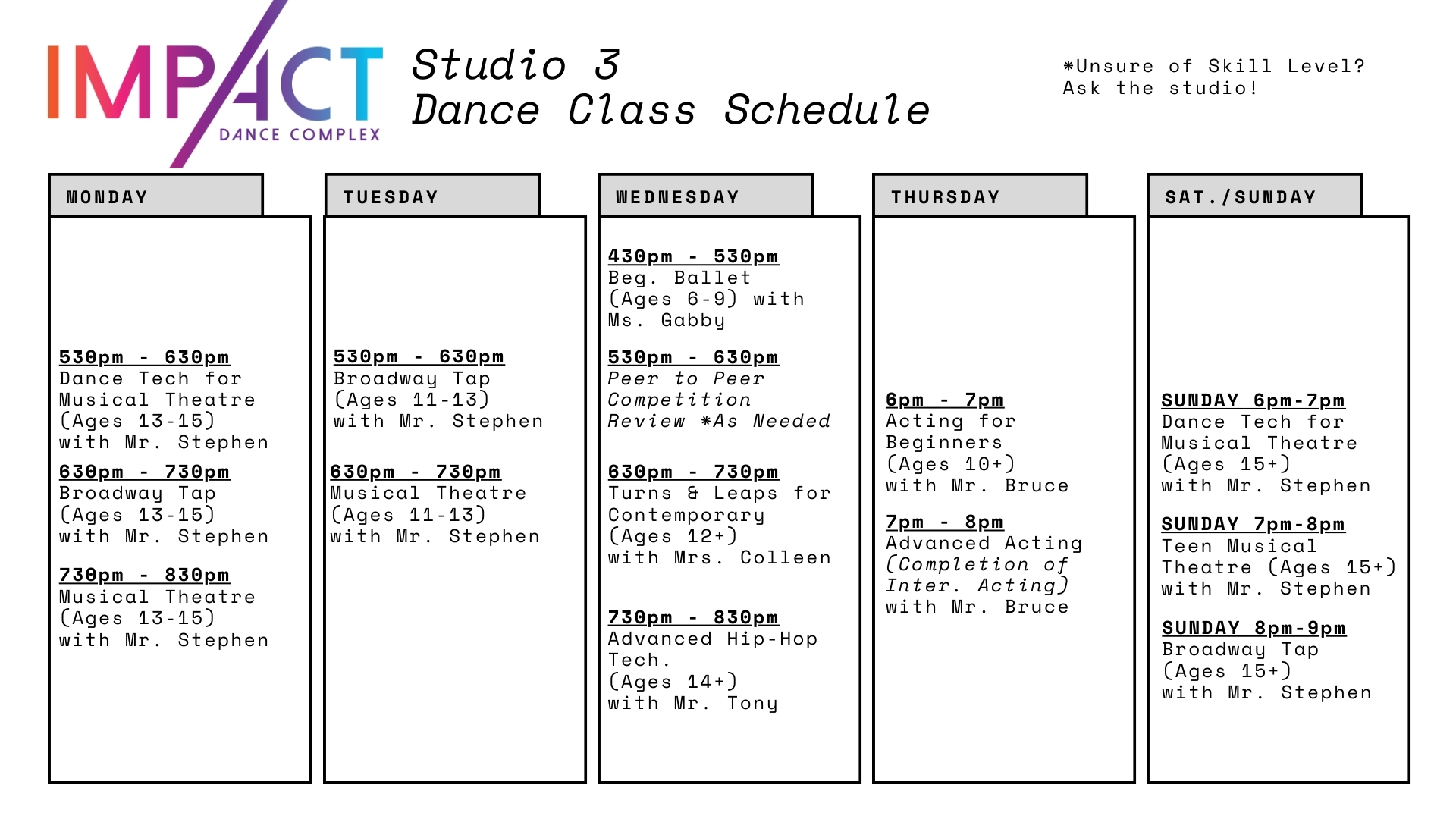 Impact Dance Complex Doylestown Bucks County Pennsylvania dance class schedule