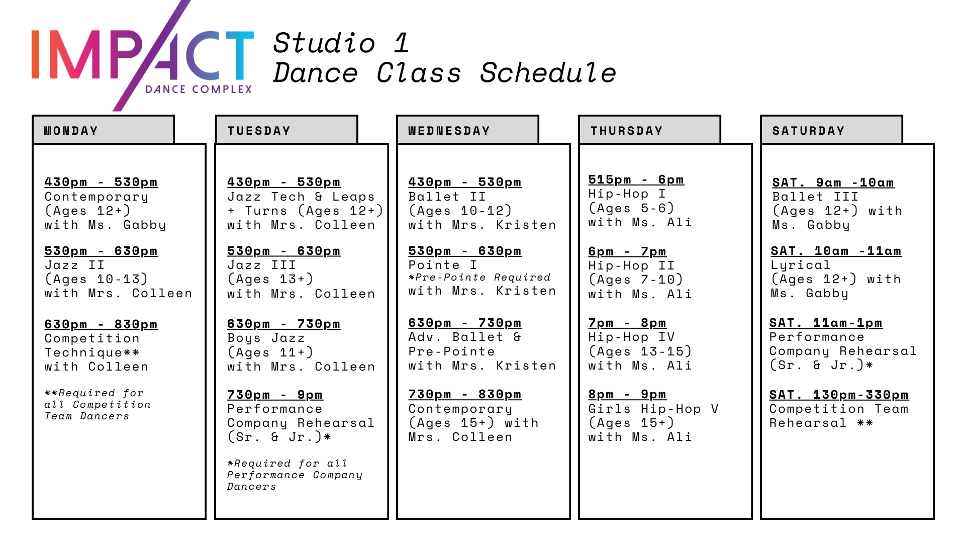 Impact Dance Complex Doylestown Bucks County Pennsylvania dance class schedule jazz dance hip-hop dance musical theatre contemporary dance tap dance ballet acting performing arts