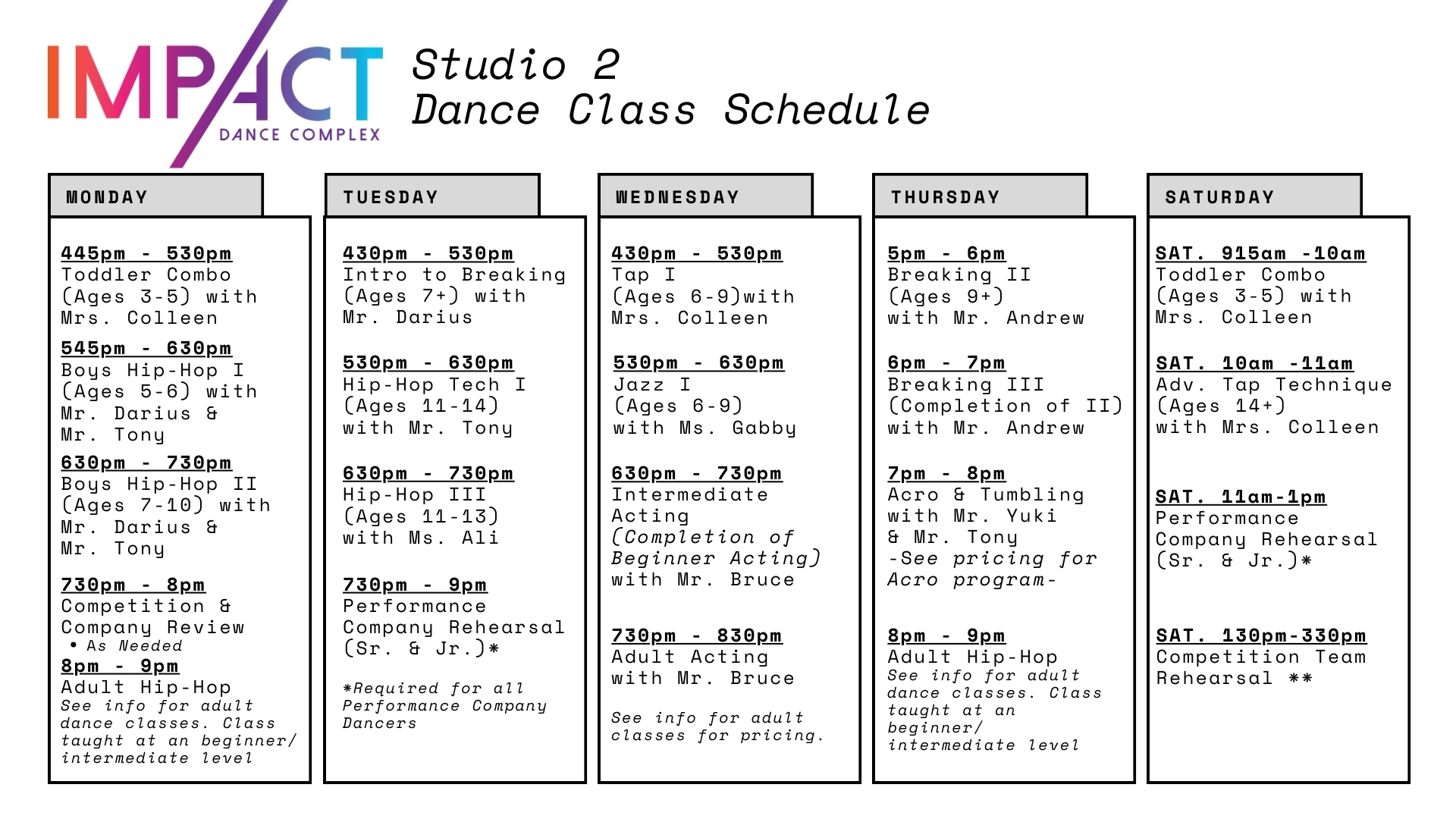 Impact Dance Complex Doylestown Bucks County Pennsylvania dance class schedule jazz dance hip-hop dance musical theatre contemporary dance tap dance ballet acting performing arts