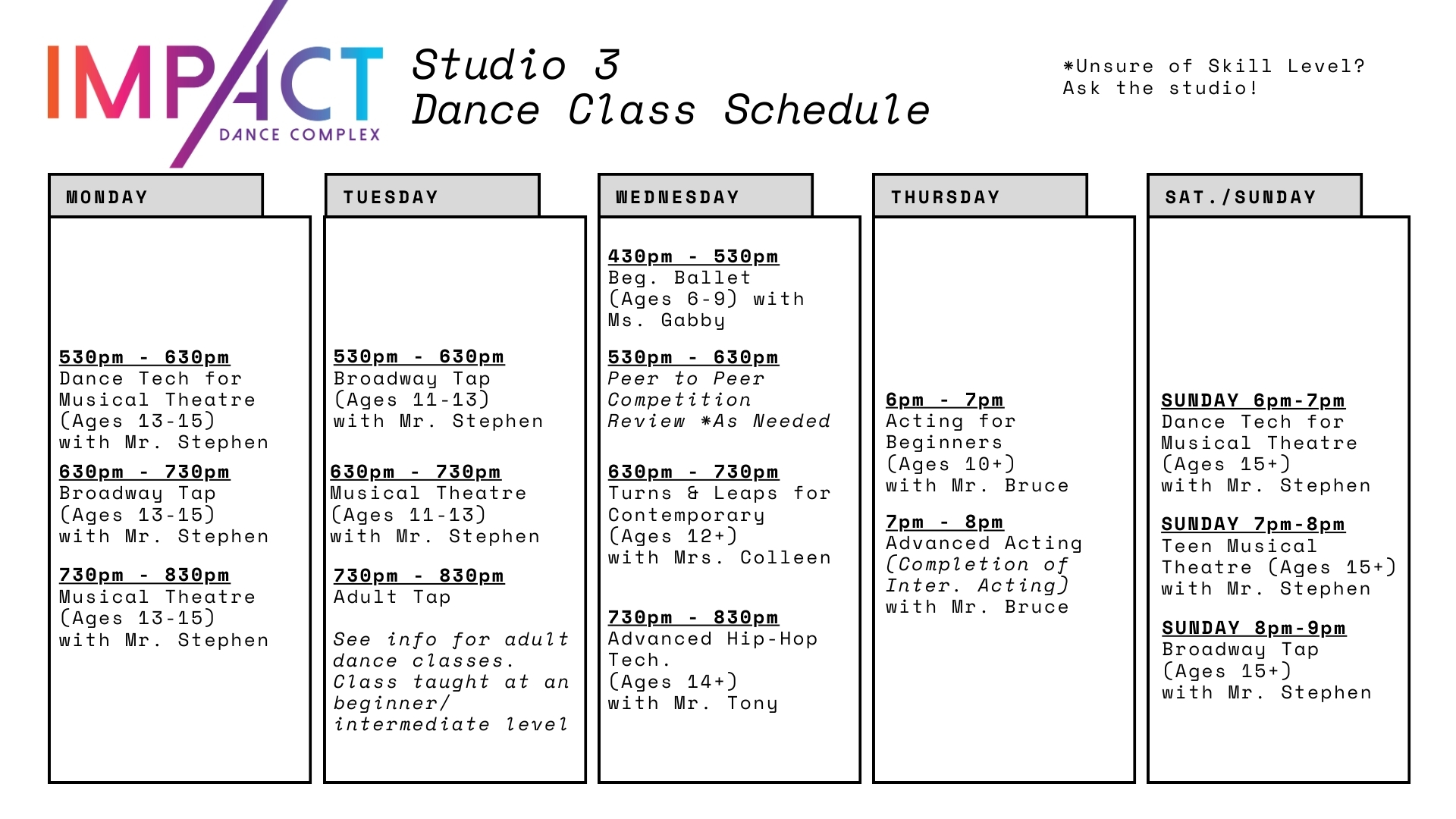 Impact Dance Complex Doylestown Bucks County Pennsylvania dance class schedule jazz dance hip-hop dance musical theatre contemporary dance tap dance ballet acting performing arts