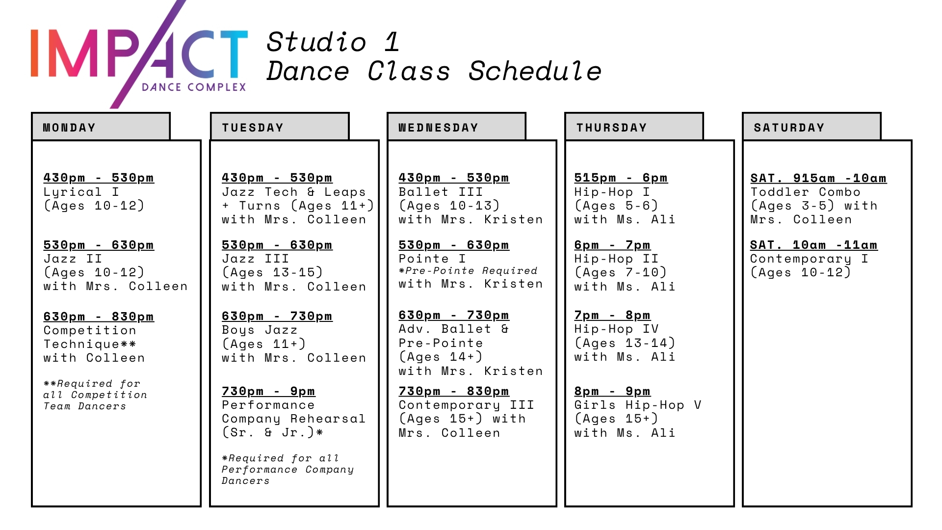 25 1 Impact Dance Complex Doylestown Bucks County Pennsylvania dance class schedule jazz dance hip-hop dance musical theatre contemporary dance tap dance ballet acting performing arts