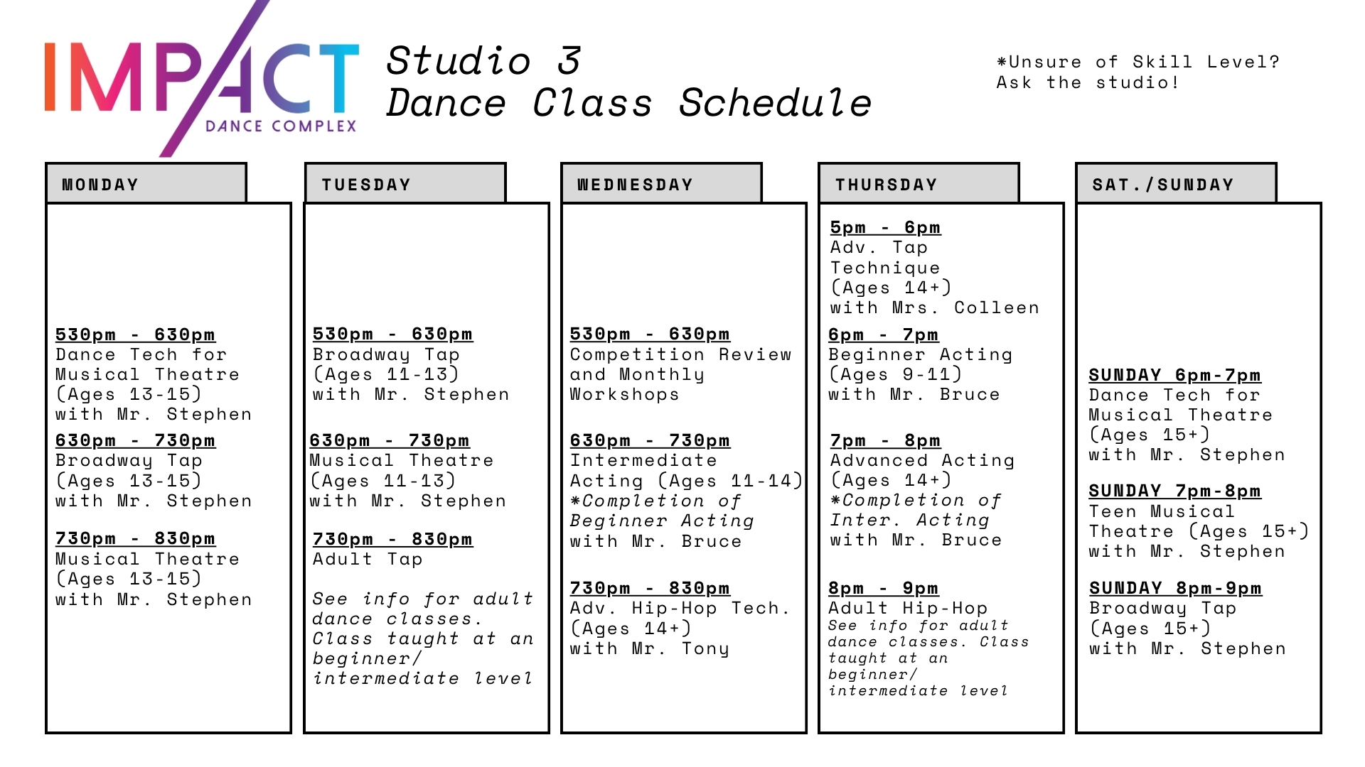 2526 Dance Schedule 3 Impact Dance Complex Doylestown Bucks County Pennsylvania dance class schedule jazz dance hip-hop dance musical theatre contemporary dance tap dance ballet acting performing arts