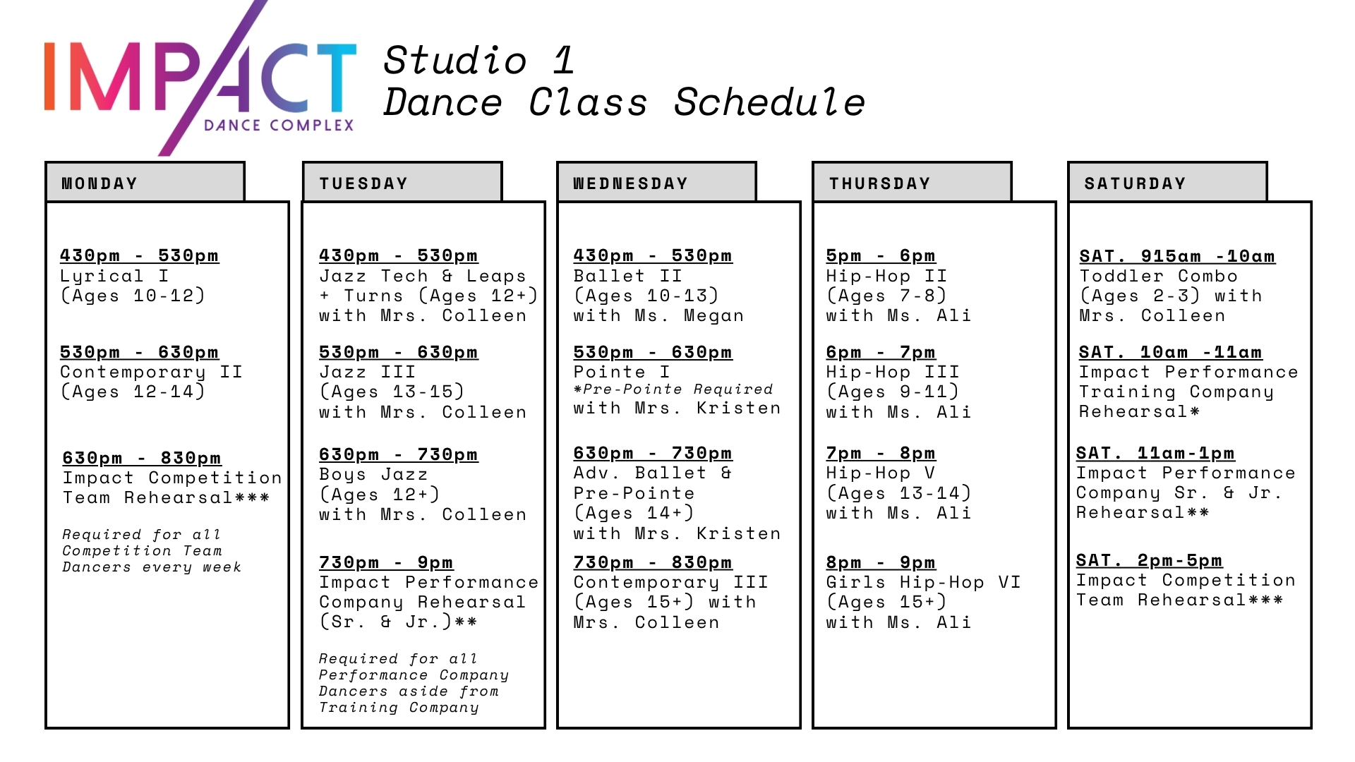 Impact Dance Complex Doylestown Bucks County Pennsylvania dance class schedule jazz dance hip-hop dance musical theatre contemporary dance tap dance ballet acting performing arts