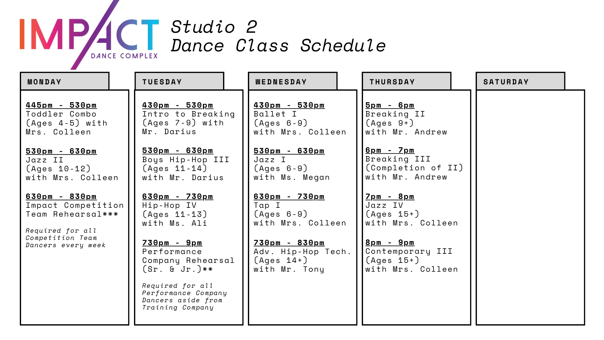 Impact Dance Complex Doylestown Bucks County Pennsylvania dance class schedule jazz dance hip-hop dance musical theatre contemporary dance tap dance ballet acting performing arts