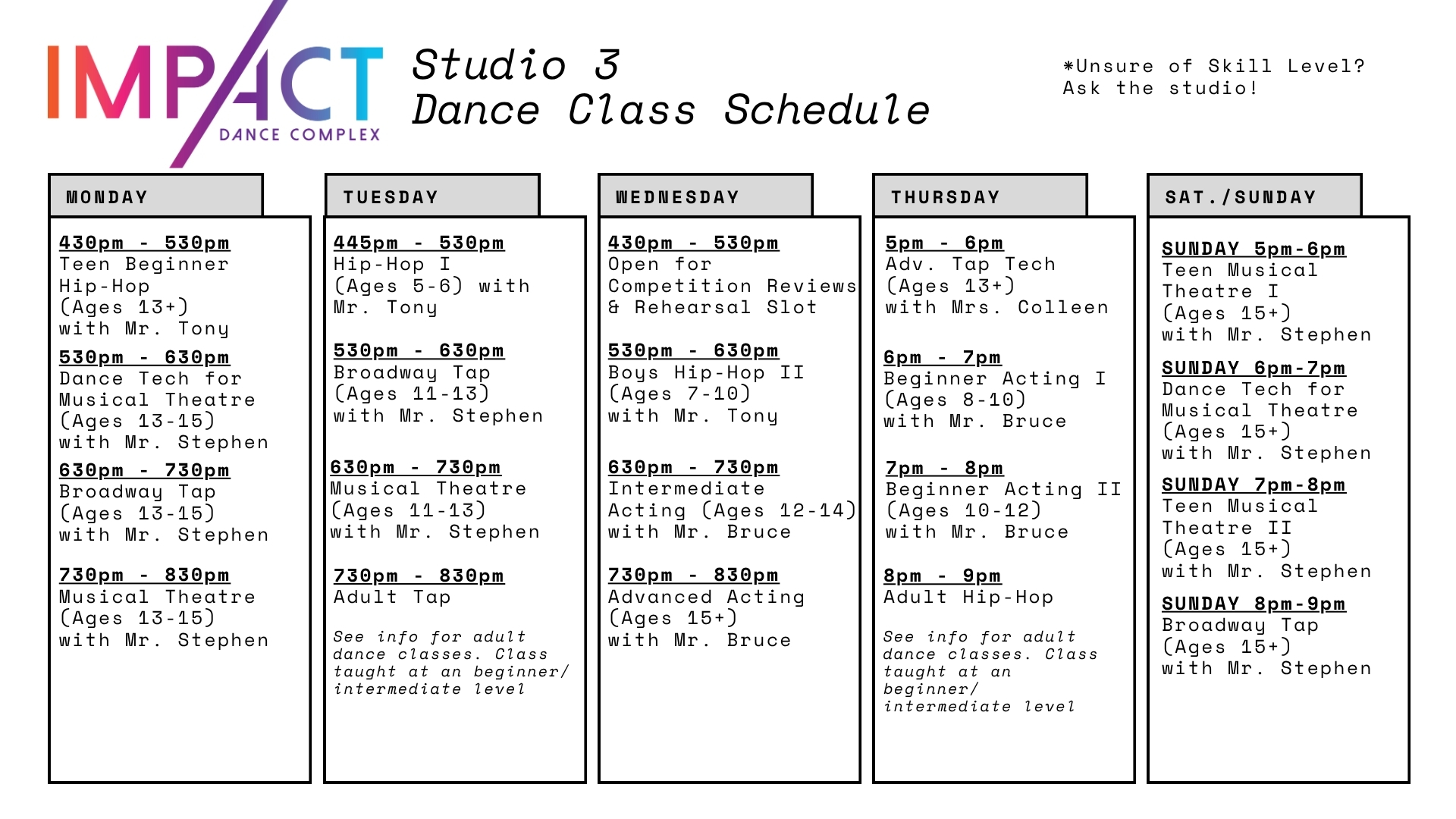 Impact Dance Complex Doylestown Bucks County Pennsylvania dance class schedule jazz dance hip-hop dance musical theatre contemporary dance tap dance ballet acting performing arts
